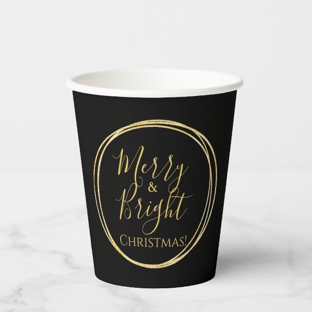 Christmas Merry and Bright Black Gold Paper Cups (Front)