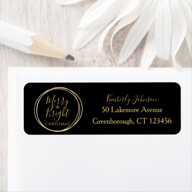 Christmas Merry and Bright Black Gold Return Address Label (Insitu)