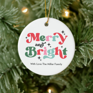 Christmas Merry And Bright Colourful Retro Holiday Ceramic Ornament