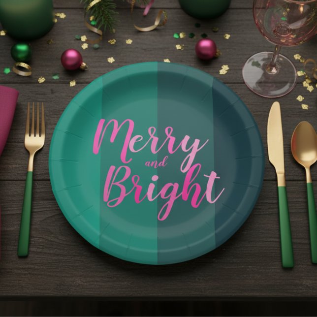 Christmas Merry and Bright Green Pink Party Paper Plate (Creator Uploaded)