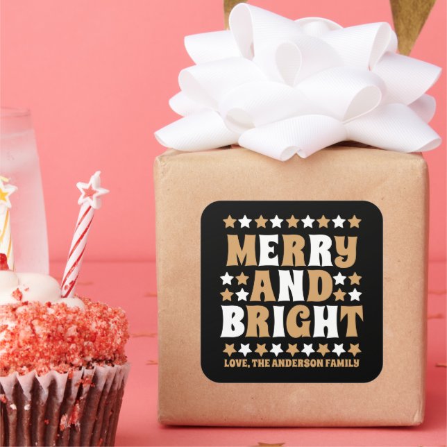 Christmas Merry and Bright Modern Bold Gold Black  Square Sticker (Party)