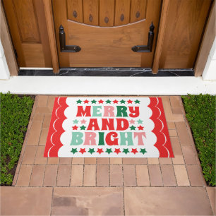 Christmas Merry and Bright Modern Bold Pink Red  Doormat