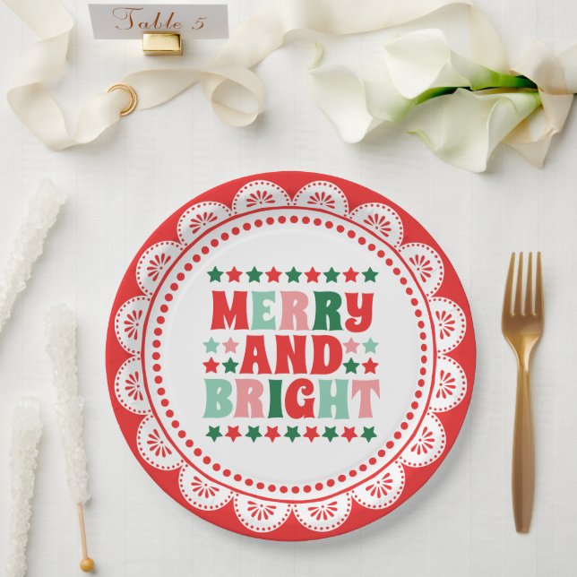 Christmas Merry and Bright Modern Bold Pink Red Paper Plate (Wedding)