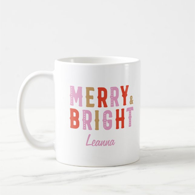 Christmas Merry and Bright Pink, and Red Coffee Mug (Left)
