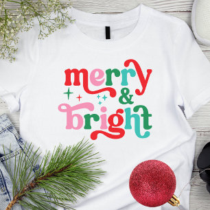 Christmas Merry and Bright Pink Red Retro Font T-Shirt