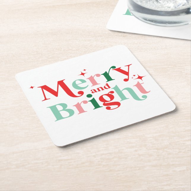 christmas merry and bright pink red square paper coaster (Angled)