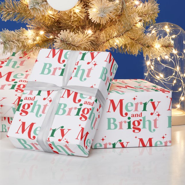 christmas merry and bright pink red wrapping paper (Holidays)