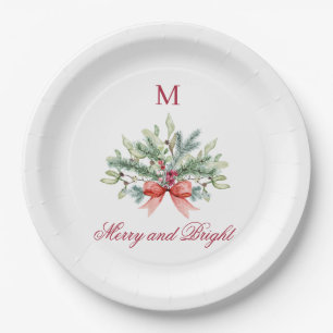 Christmas Merry and Bright Red Monogram Greenery Paper Plate