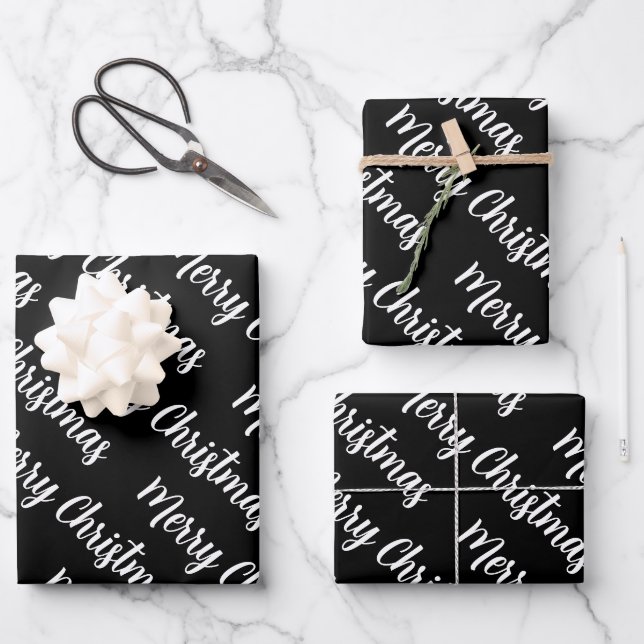 Christmas merry black background white script  wrapping paper sheet (Front)