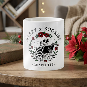 Christmas Merry & Bookish Funny Reading Skeleton Coffee Mug