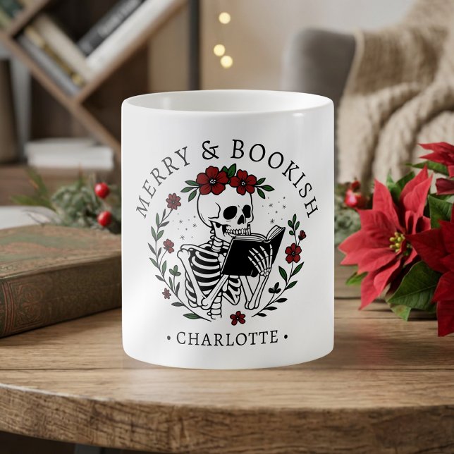 Christmas Merry & Bookish Funny Reading Skeleton Coffee Mug (Creator Uploaded)