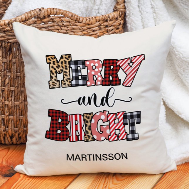 Christmas Merry Bright Candy Cane Plaid Name Cushion ("Merry and Bright" Christmas decorator pillow personalized with your name.)