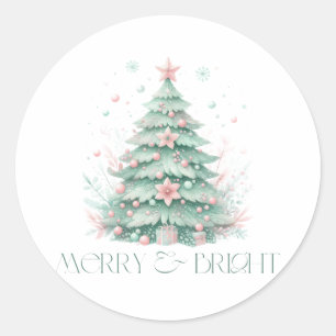 Christmas Merry & Bright Christmas Tree Mint Pink Classic Round Sticker