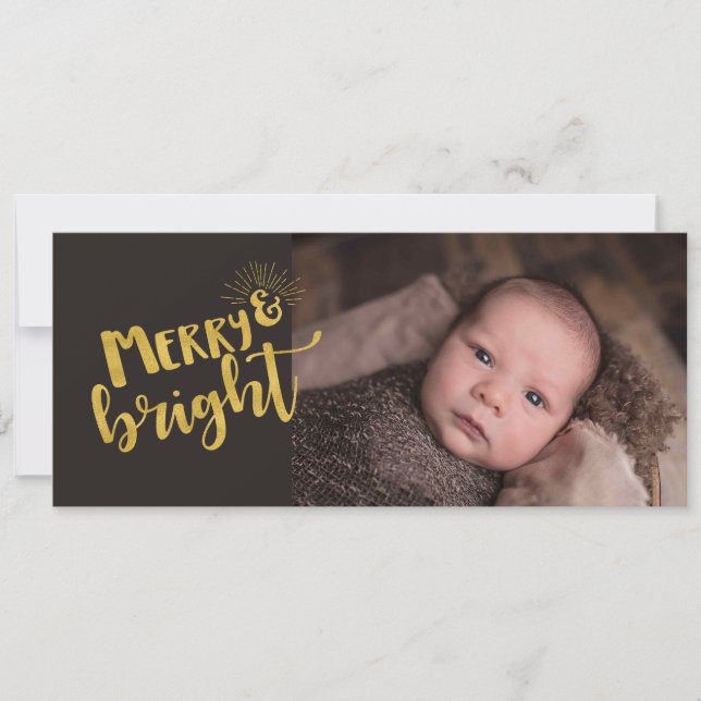 Christmas Merry Bright Gold Foil Typography Photo Holiday Card (Front)