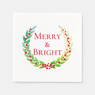 Christmas Merry & Bright Laurel Wreath Red Berries Napkin