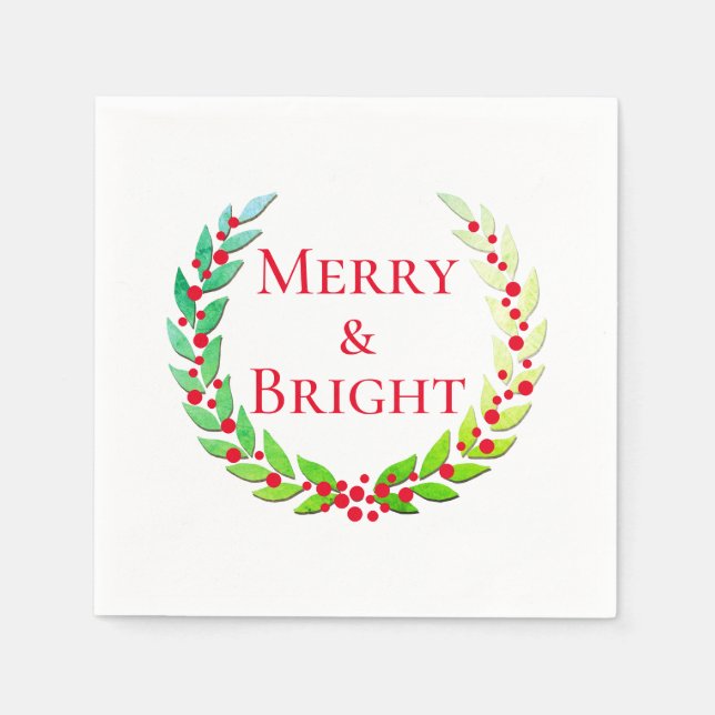 Christmas Merry & Bright Laurel Wreath Red Berries Napkin (Front)