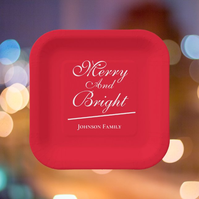 Christmas Merry & Bright Personalised Family Chic  Paper Plate (Christmas "Merry & Bright" personalized chic red paper plates.)