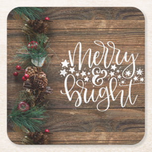 Christmas Merry Bright Rustic Country Wood Square Paper Coaster