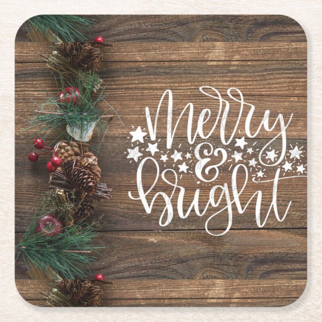 Christmas Merry Bright Rustic Country Wood Square Paper Coaster (Front)