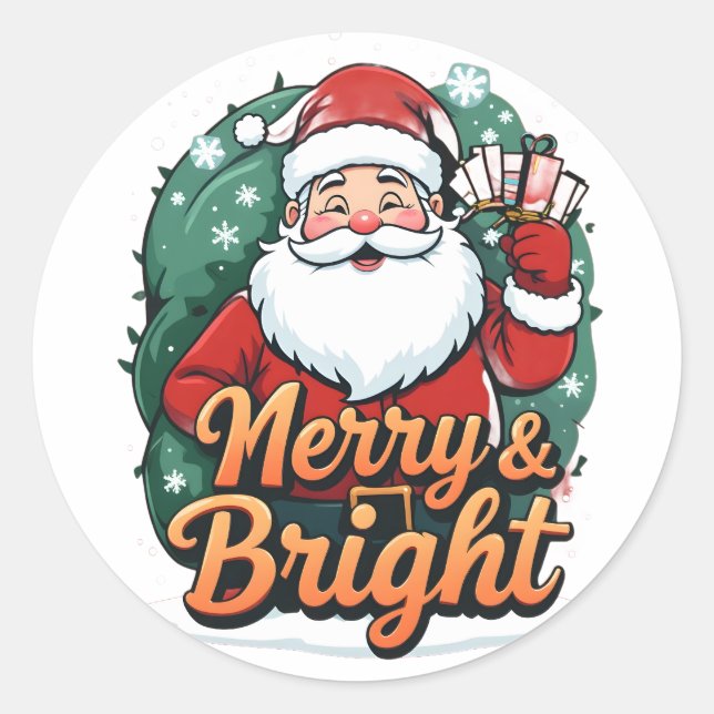 Christmas – “Merry & Bright Santa” Classic Round Sticker (Front)