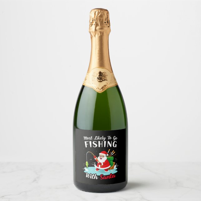 Christmas Merry Christmas For Gift Fishing Santa Sparkling Wine Label (Front)