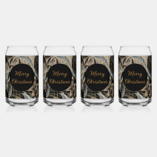 Christmas, Merry Christmas,Gold Blue Flowers Art  Can Glass