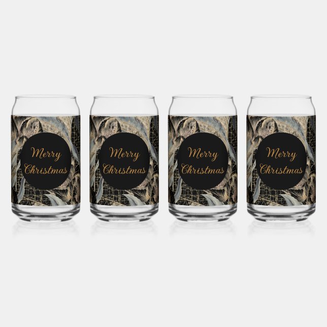 Christmas, Merry Christmas,Gold Blue Flowers Art  Can Glass (Front)