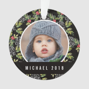 Christmas   Merry Christmas - Holly Black Pattern Ornament