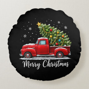Christmas Merry Christmas Red Truck Tree Men Women Round Cushion