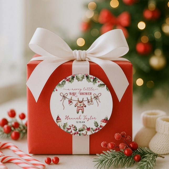 Christmas Merry Little Baby Shower Classic Round Sticker (Creator Uploaded)