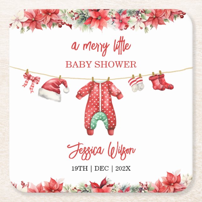 Christmas Merry Little Baby Shower Gender Neutral Square Paper Coaster (Front)