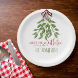 Christmas Merry Mistletoe Holiday Berries Greenery Paper Plate<br><div class="desc">Merry Mistletoe with white berries tied up in a red ribbon nestled atop a doorway awaiting those to stand underneath. A lovely and simple design that depicts a simple and classic Christmas element. A wonderful design for any holiday occasion. This design features Christmas holiday watercolor mistletoe, modern rustic greenery elegant...</div>