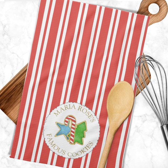Christmas Merry Red Holiday Cookies Personalised Tea Towel (Custom Christmas cookies kitchen towel.)