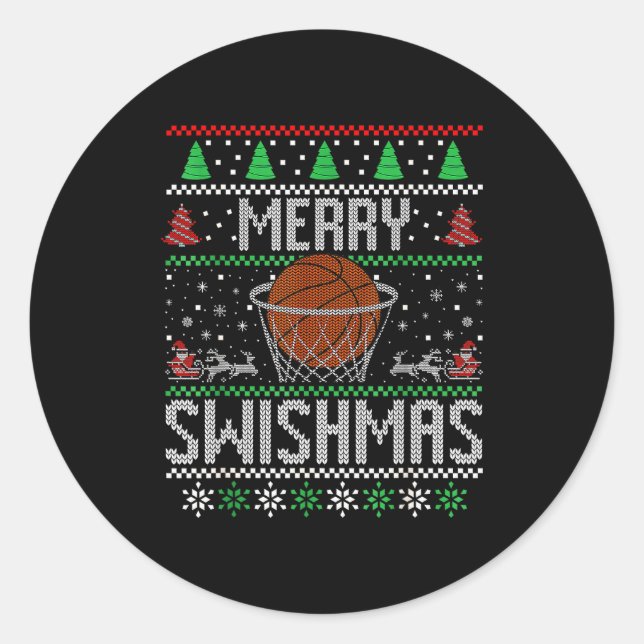 Christmas Merry Swishmas Ugly Christmas Sweater Ba Classic Round Sticker (Front)
