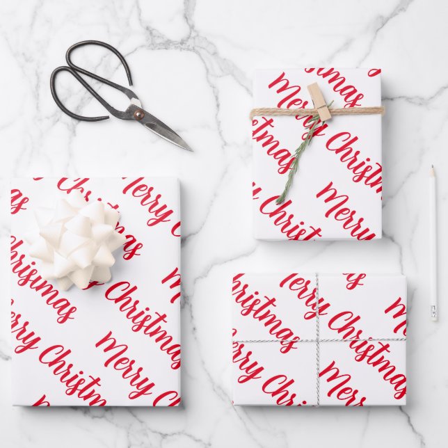 Christmas merry white background red script   wrapping paper sheet (Front)