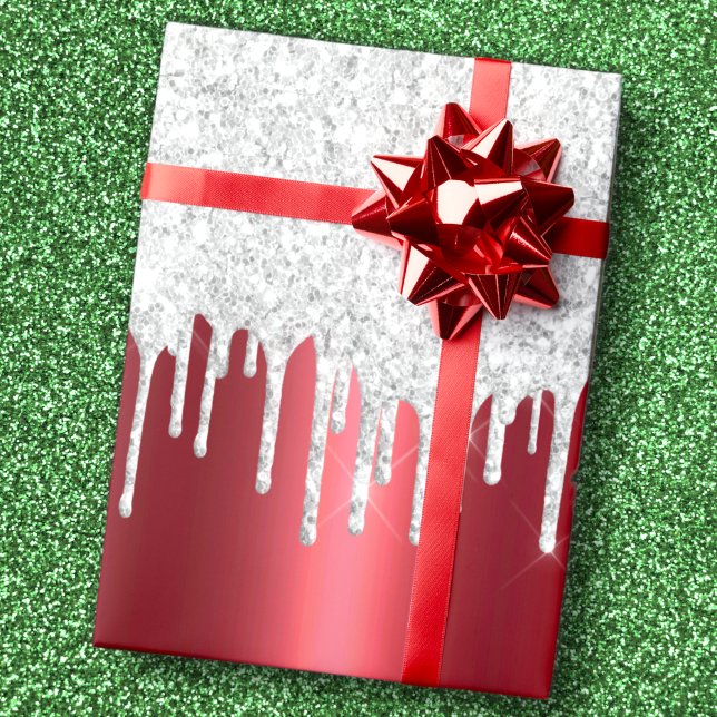Christmas Metallic Red & Dripping Silver Glitter Wrapping Paper (Creator Uploaded)