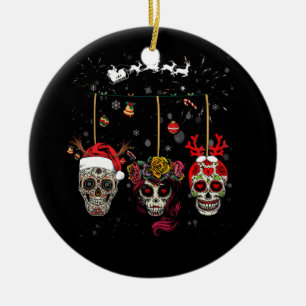 Christmas Mexican Flower Sugar Skull In Snow Xmas Ceramic Ornament