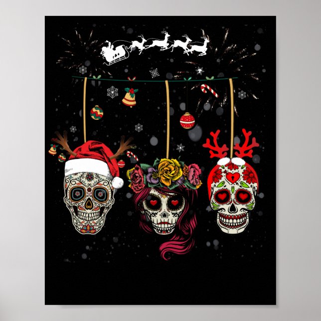 Christmas Mexican Flower Sugar Skull In Snow Xmas Poster (Front)