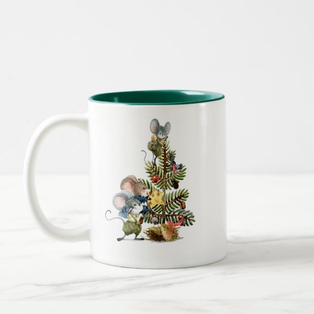 Christmas Mice Decorating Tree Two-Tone Coffee Mug (Left)