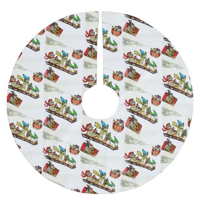 CHRISTMAS MICE SLEDDING  BRUSHED POLYESTER TREE SKIRT (Front)