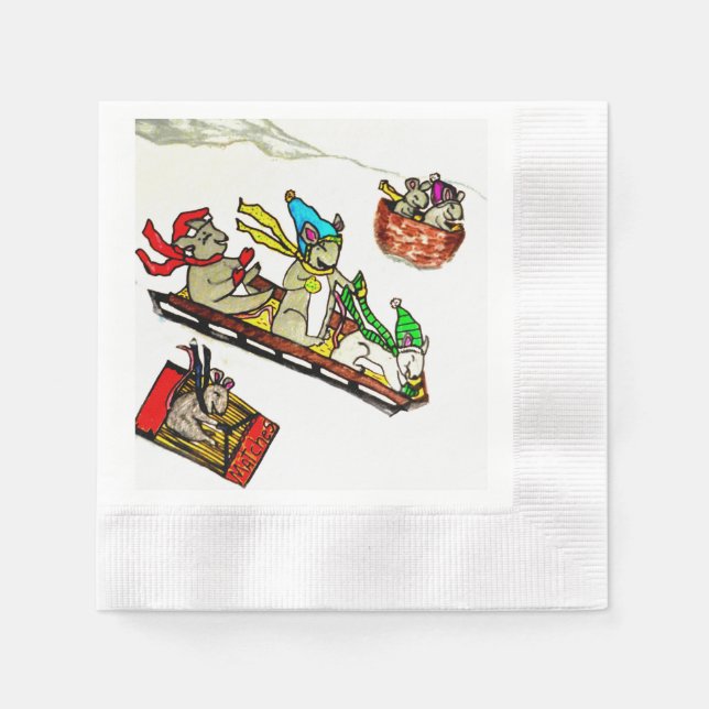 CHRISTMAS MICE SLEDDING  NAPKIN (Front)