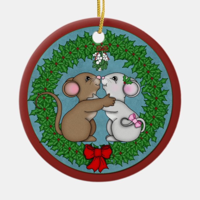 Christmas Mice under mistletoe Ceramic Tree Decoration (Front)