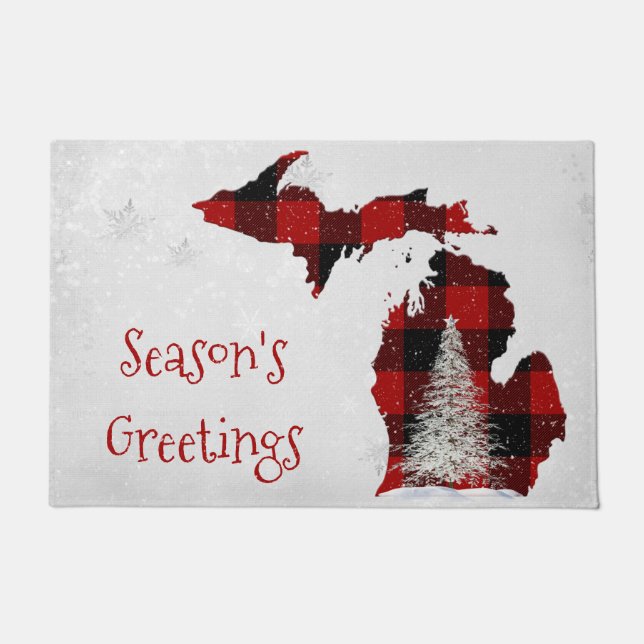 Christmas Michigan in Buffalo Plaid  Doormat (Front)