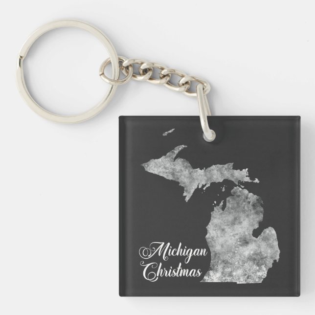 Christmas Michigan State Map Snowflakes Key Ring (Front)