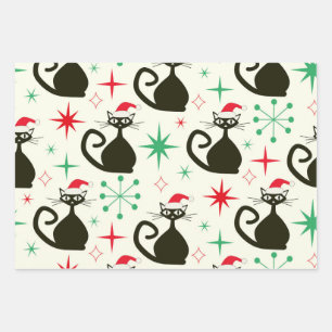 Christmas Mid Century Retro Atomic Cats  Wrapping Paper Sheet