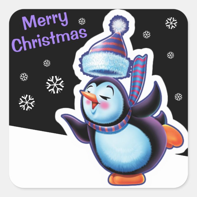 Christmas midnight square sticker Penguin skating. (Front)