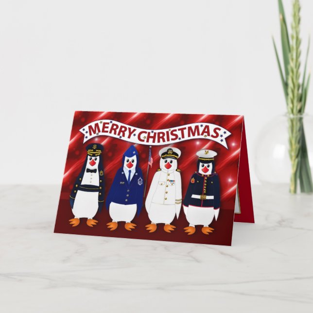 Christmas Military Penguins 4 Branches Uniforms  C Card (Front)