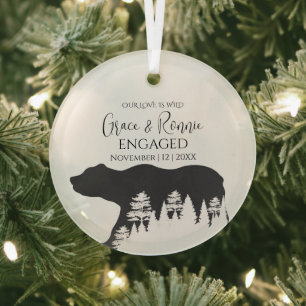 Christmas Minimal Pine Tree Bear Couple Engagement Glass Tree Decoration