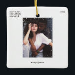 Christmas Minimal Typewriter Photo Ceramic Ornament<br><div class="desc">Easily personalise this minimal and stylish holiday Christmas tree ceramic ornament featuring typewriter grunge typography and a clean, simple and minimalist white snowfall frame. Add your photo, names, custom text and Christmas year. A cool, simple, sophisticated and contemporary Christmas design in modern black and white colours, customisable in any colour...</div>