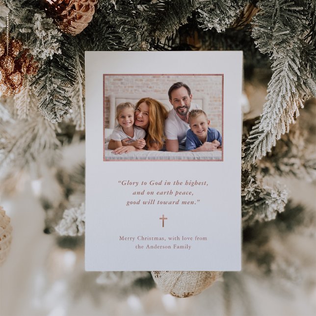 Christmas Minimalism | Rose Gold Cross and Photo Holiday Card (Creator Uploaded)